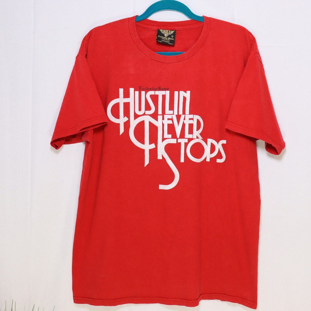Exclusive Game‎ Hustlin Never Stops T-Shirt Mens Large Red Excellent Graphic Tee